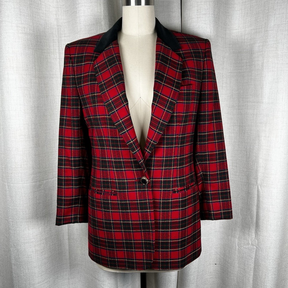 Vintage J. McLaughlin Women's Medium Tartan Plaid Blazer Red Black Velour Collar